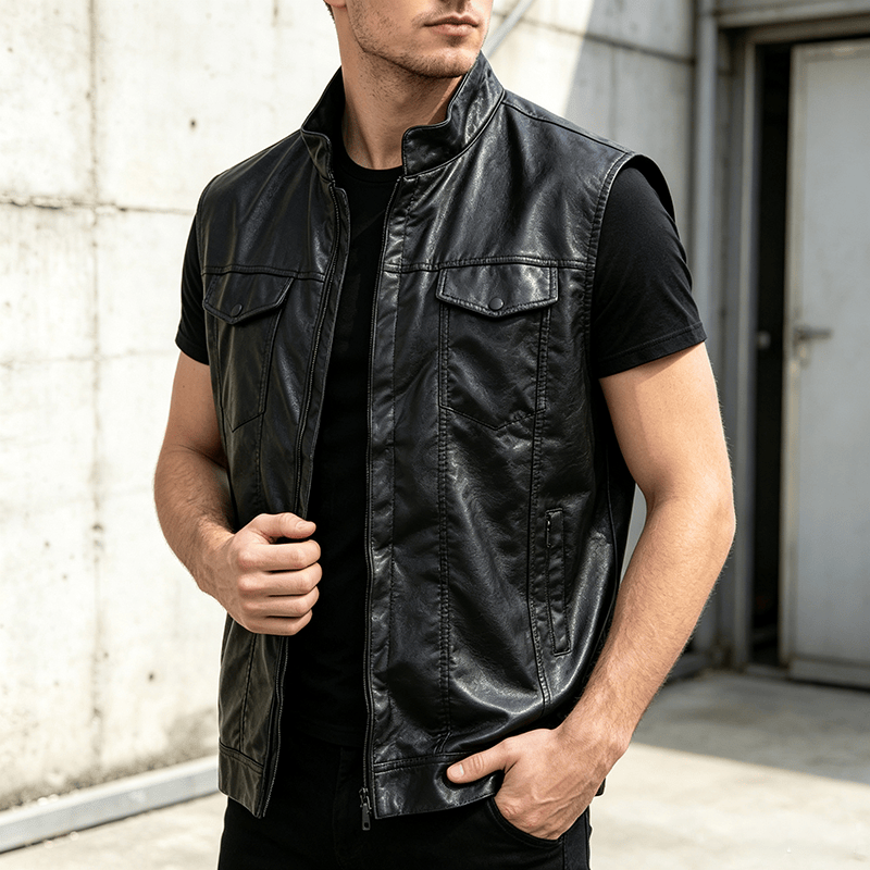 Men's Flap Pocket Hip Hop Vintage Motorcycle Solid Black Leather Vest - Black - 3XL - image 0