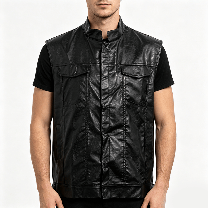 Men's Flap Pocket Hip Hop Vintage Motorcycle Solid Black Leather Vest - image 1