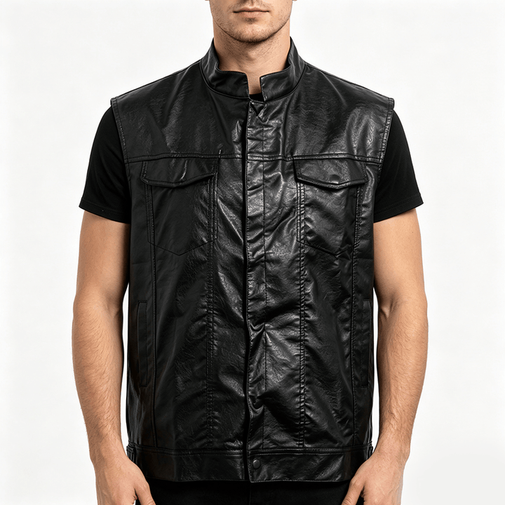 Men's Flap Pocket Hip Hop Vintage Motorcycle Solid Black Leather Vest - image 1