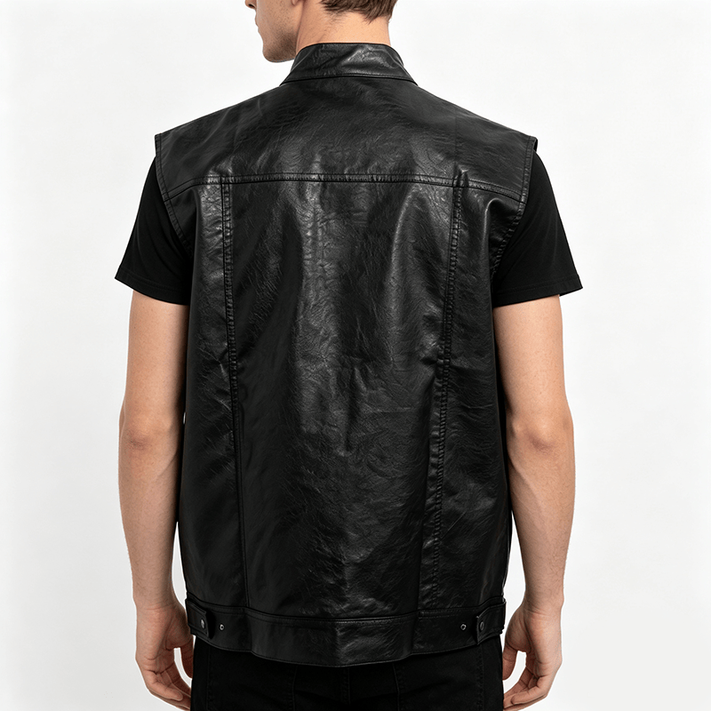 Men's Flap Pocket Hip Hop Vintage Motorcycle Solid Black Leather Vest - image 3
