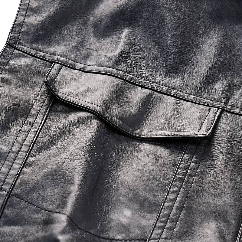 Men's Flap Pocket Hip Hop Vintage Motorcycle Solid Black Leather Vest - image 5