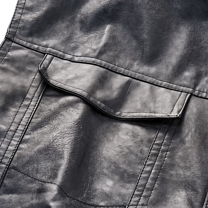 Men's Flap Pocket Hip Hop Vintage Motorcycle Solid Black Leather Vest - image 5