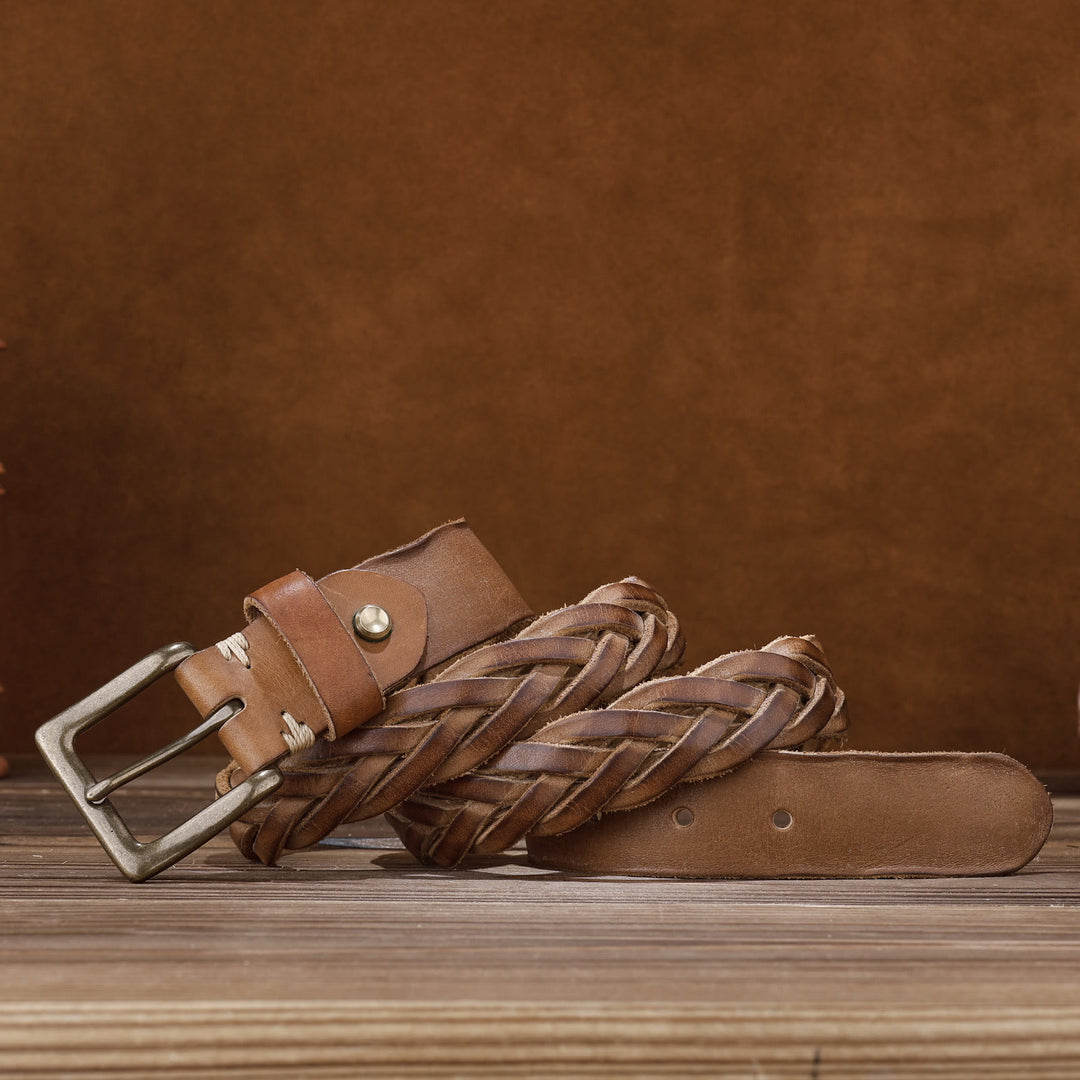 Braided Handwoven Without Hole Leather Belt - Yellow - 46 - image 0