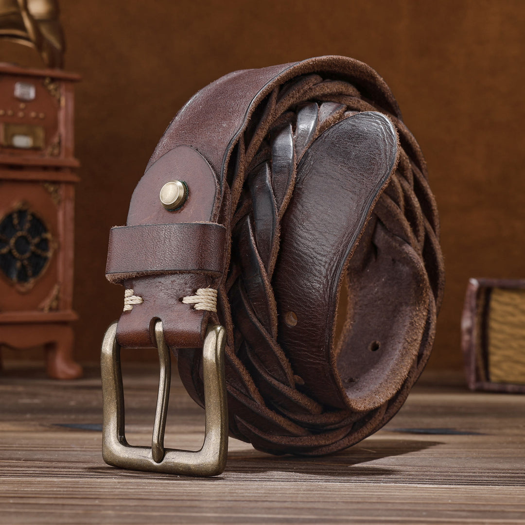 Braided Handwoven Without Hole Leather Belt - Brown - 46 - image 8