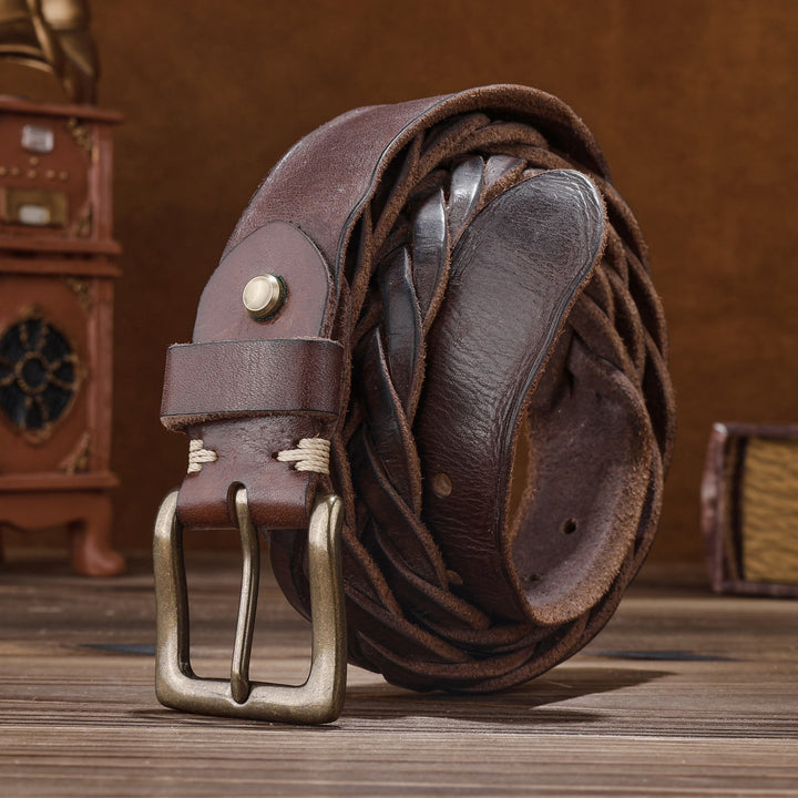 Braided Handwoven Without Hole Leather Belt - Brown - 46 - image 8