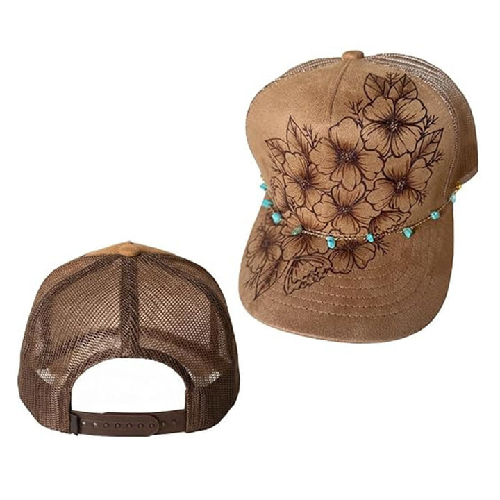 Burned Floral Design Western Style Baseball Cap With Turquoise Chain - image 9