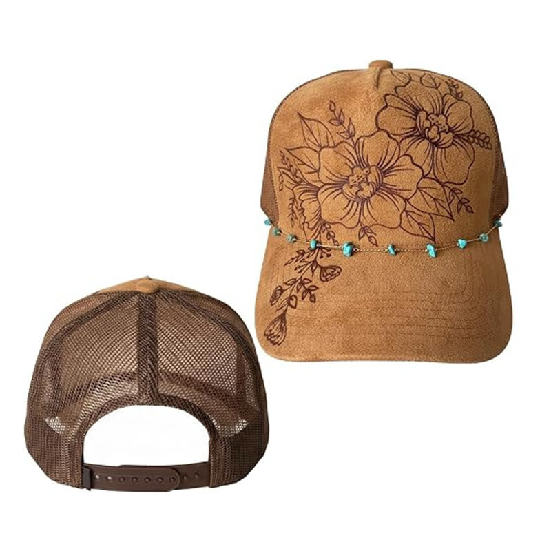 Burned Floral Design Western Style Baseball Cap With Turquoise Chain - image 7