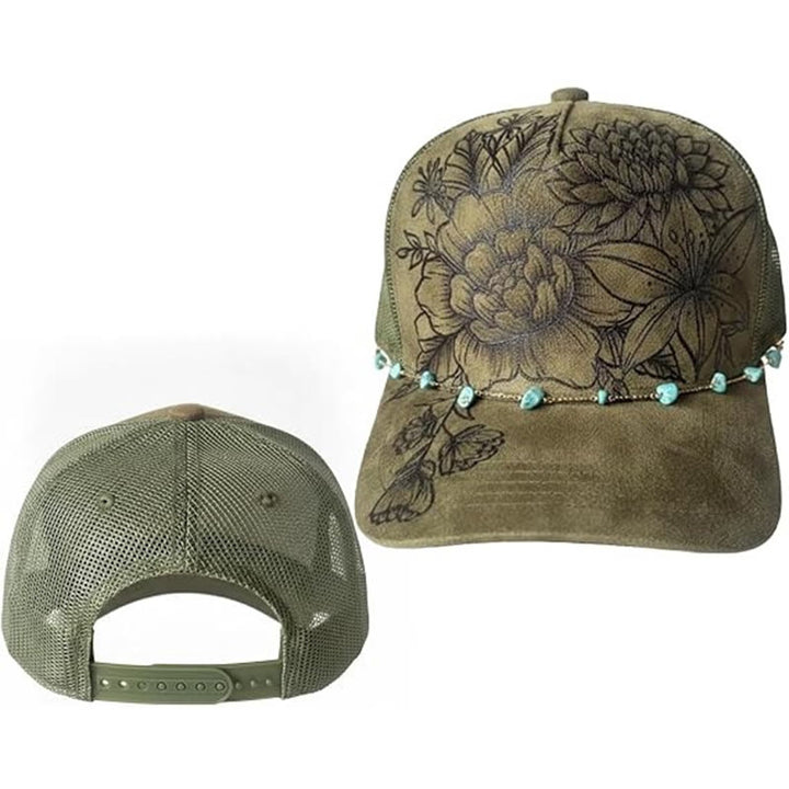 Burned Floral Design Western Style Baseball Cap With Turquoise Chain - image 3