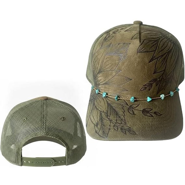 Burned Floral Design Western Style Baseball Cap With Turquoise Chain - Style #2 / Green - Adjustable (21 5/8"-23 5/8") - image 5