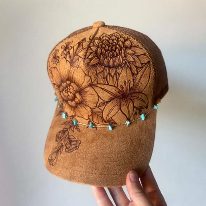 Burned Floral Design Western Style Baseball Cap With Turquoise Chain - Style #1 / Brown - Adjustable (21 5/8"-23 5/8") - image 0