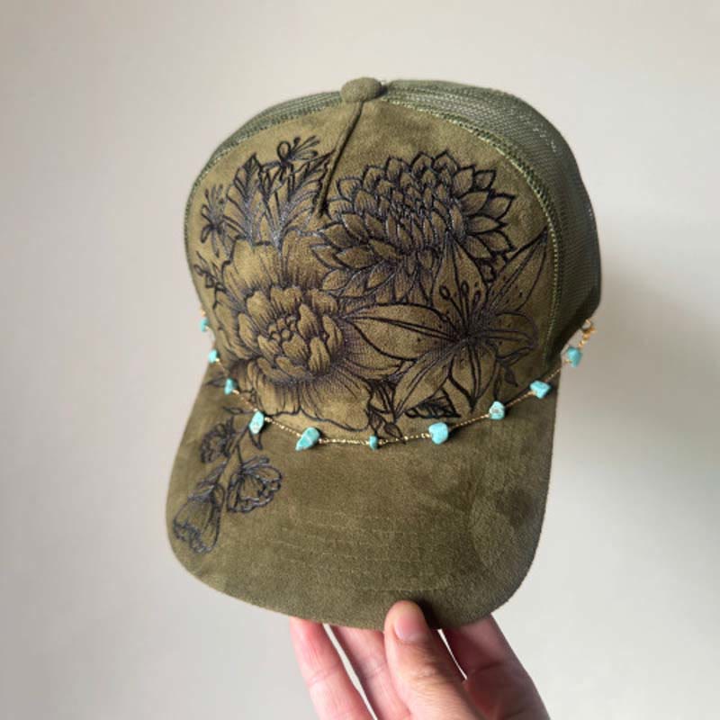 Burned Floral Design Western Style Baseball Cap With Turquoise Chain - Style #1 / Green - Adjustable (21 5/8"-23 5/8") - image 2