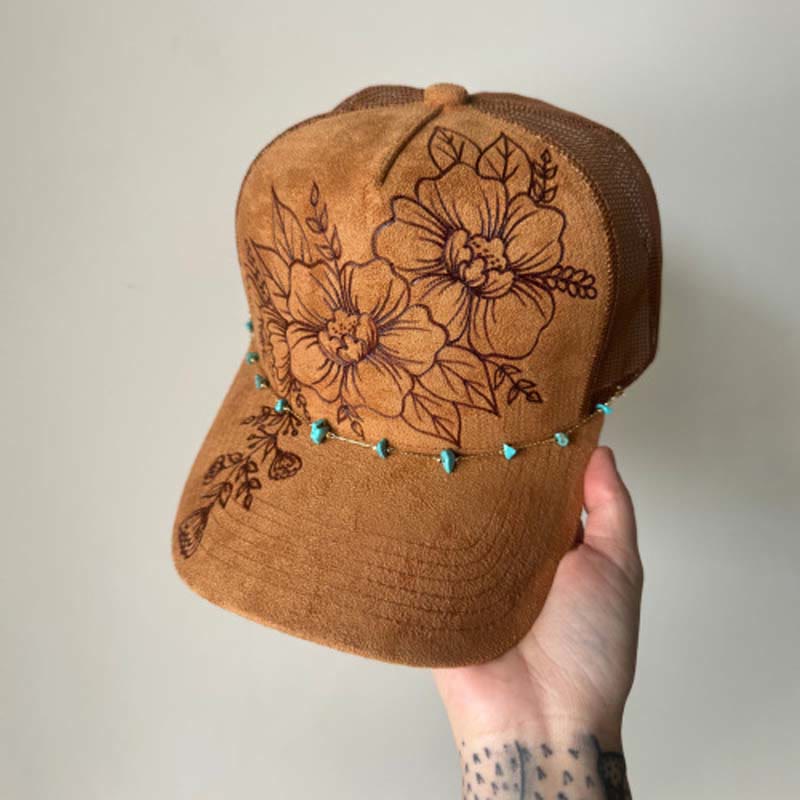 Burned Floral Design Western Style Baseball Cap With Turquoise Chain - Style #3 / Brown - Adjustable (21 5/8"-23 5/8") - image 6