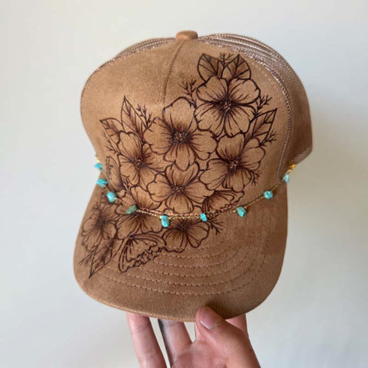 Burned Floral Design Western Style Baseball Cap With Turquoise Chain - Style #4 / Brown - Adjustable (21 5/8"-23 5/8") - image 8