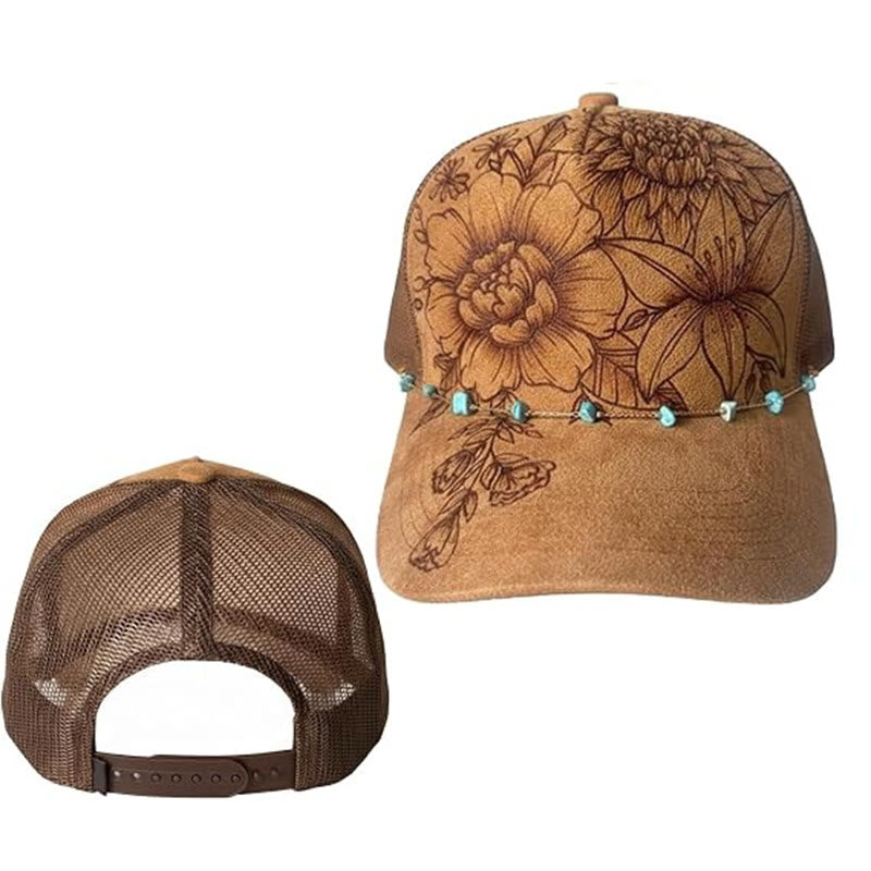 Burned Floral Design Western Style Baseball Cap With Turquoise Chain - image 1