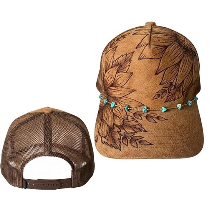 Burned Floral Design Western Style Baseball Cap With Turquoise Chain - Style #2 / Brown - Adjustable (21 5/8"-23 5/8") - image 4