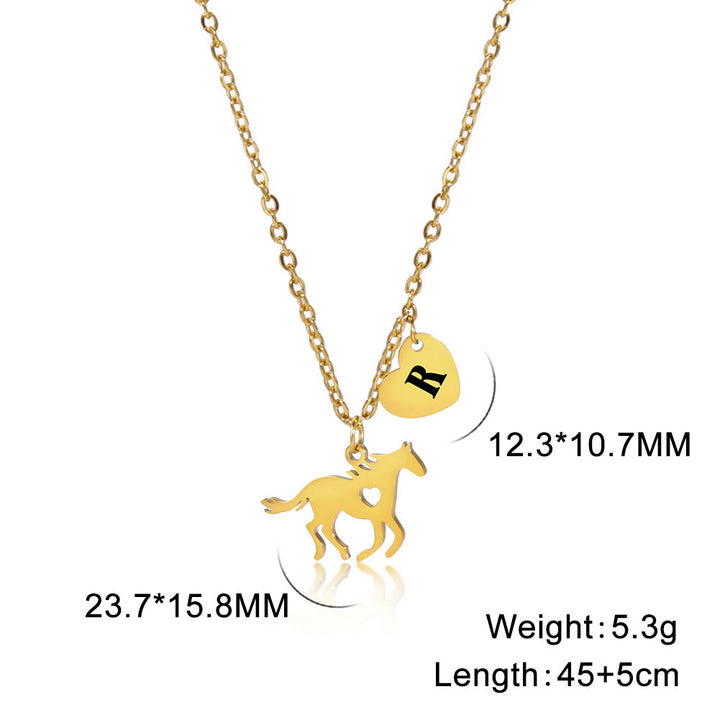 Dainty Horse Pendant Initial Letter Heart Necklace - Gold - R - image 20
