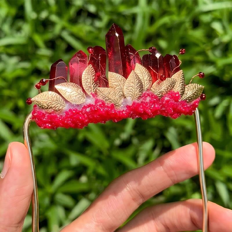 Handcrafted Natural Crystal Crown Pocket Square Brooch - Red & Gold - image 6