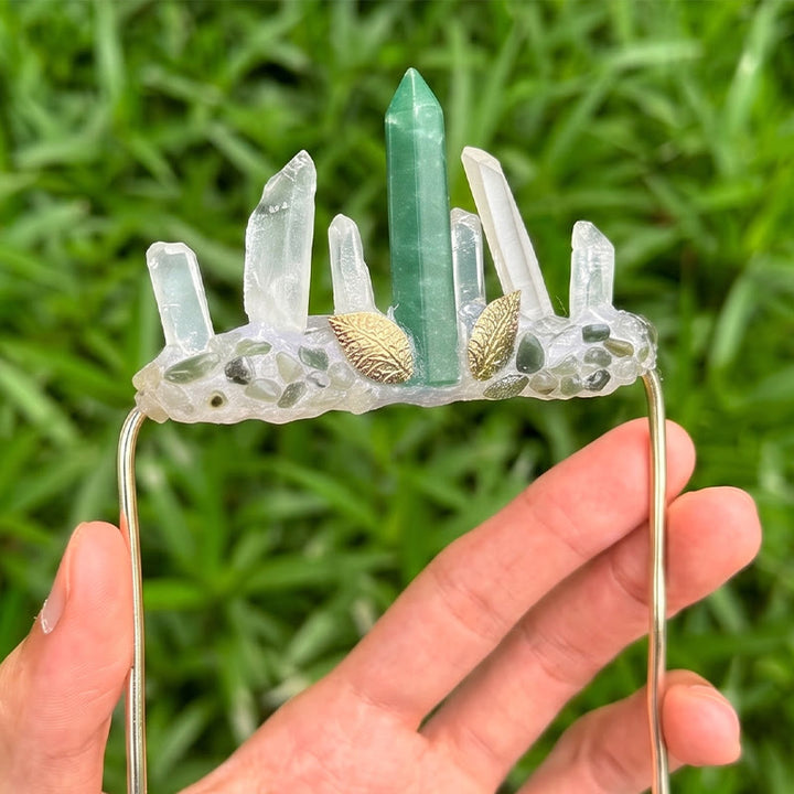 Handcrafted Natural Crystal Crown Pocket Square Brooch - Green & White - image 12