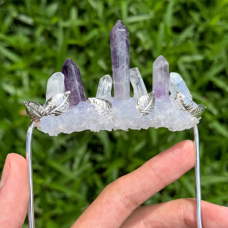 Handcrafted Natural Crystal Crown Pocket Square Brooch - Dark Purple - image 8