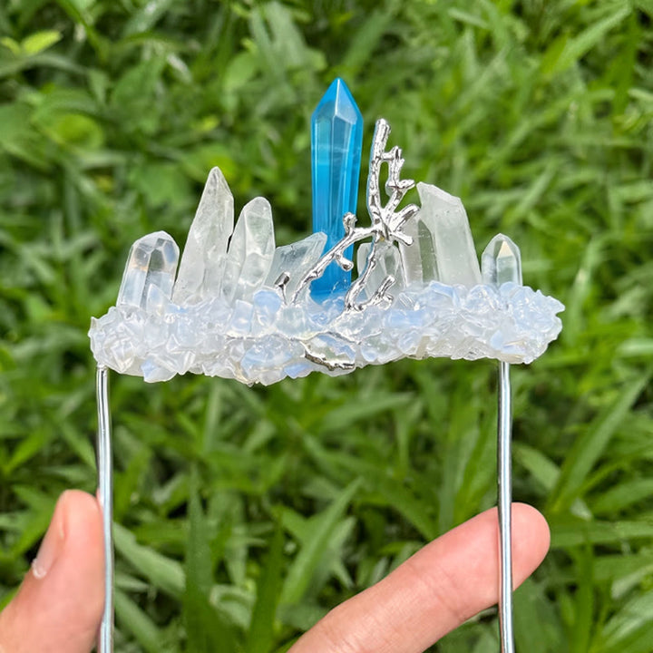 Handcrafted Natural Crystal Crown Pocket Square Brooch - Blue & White - image 13
