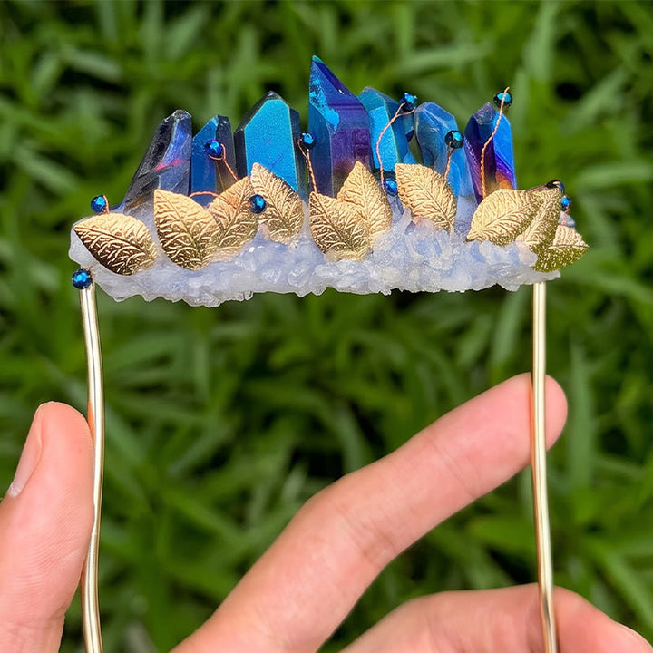 Handcrafted Natural Crystal Crown Pocket Square Brooch - Blue & Gold - image 3