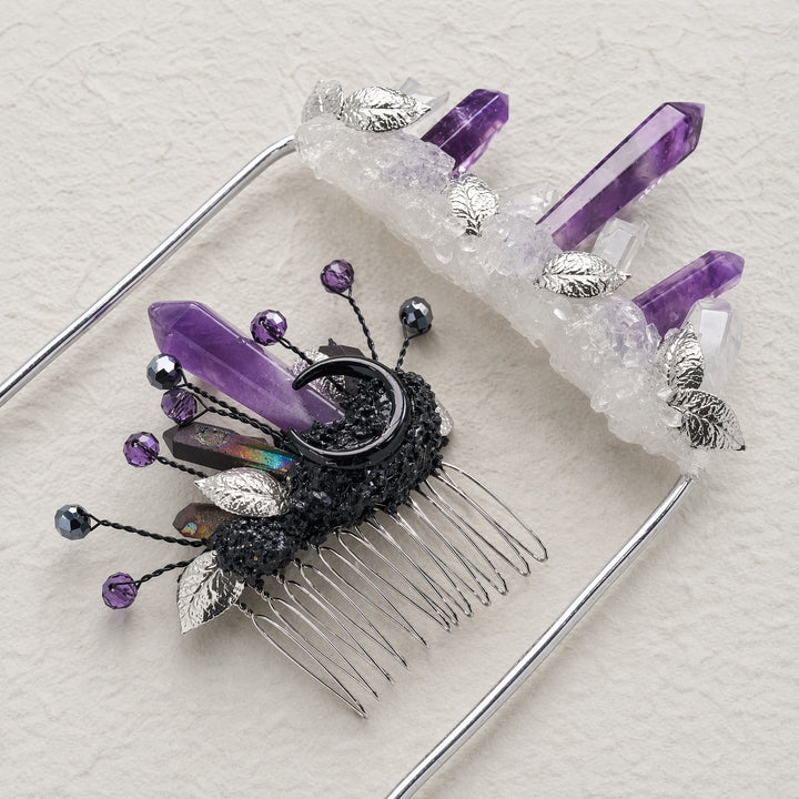 Handmade Groom's Pocket Boutonniere & Bride's Crystal Hair Comb Bundle Set - Dark Purple - image 12