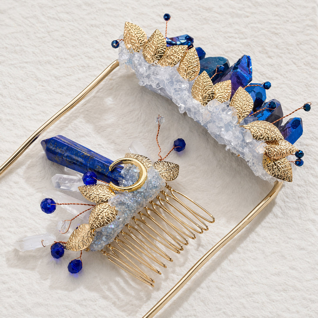 Handmade Groom's Pocket Boutonniere & Bride's Crystal Hair Comb Bundle Set - Blue & Gold - image 4