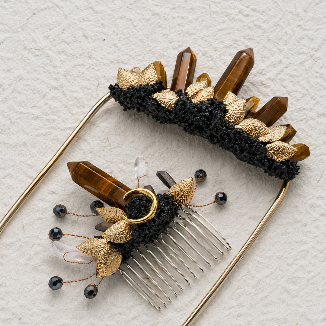 Handmade Groom's Pocket Boutonniere & Bride's Crystal Hair Comb Bundle Set - Brown & Gold - image 0