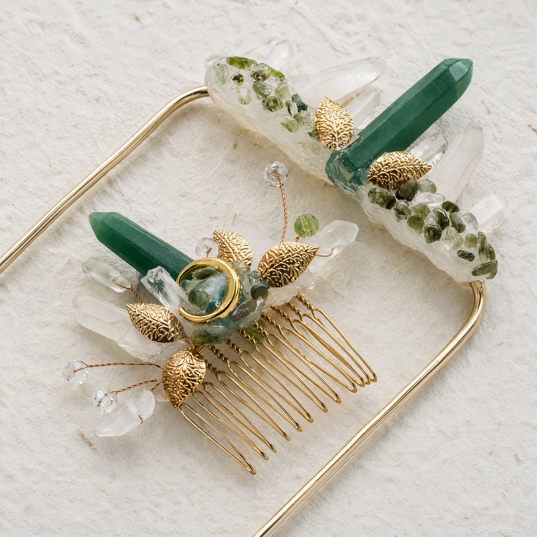 Handmade Groom's Pocket Boutonniere & Bride's Crystal Hair Comb Bundle Set - Green & Gold - image 10