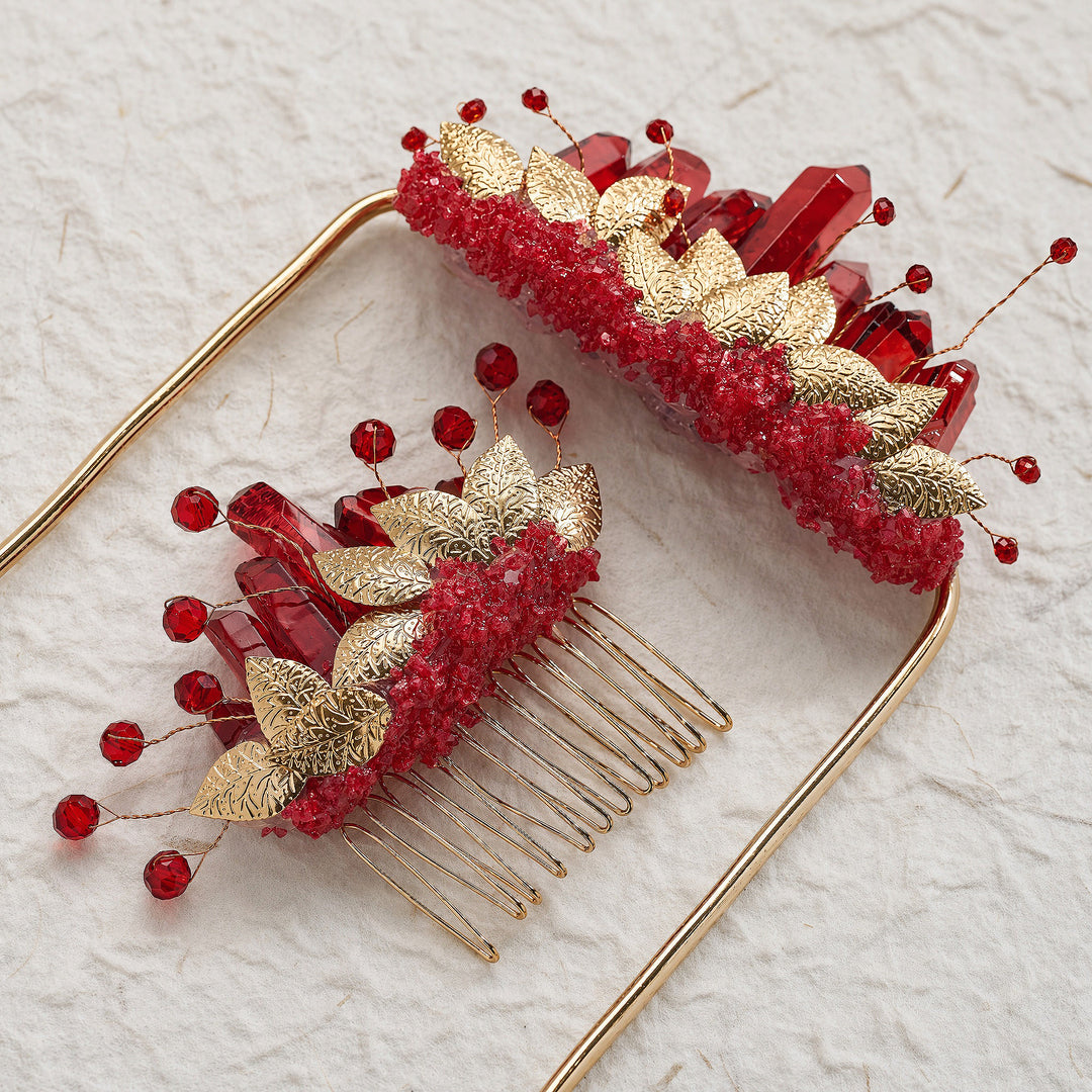 Handmade Groom's Pocket Boutonniere & Bride's Crystal Hair Comb Bundle Set - Red & Gold - image 8