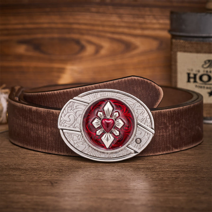 Gothic Crimson Heart DIY Hidden Folding Knife Buckle Leather Belt - Crimson Heart - Brown Distressed Belt - 42 - image 5