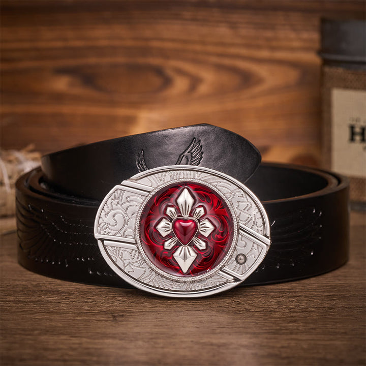 Gothic Crimson Heart DIY Hidden Folding Knife Buckle Leather Belt - Crimson Heart - Black Embossed Eagle Belt - 42 - image 2