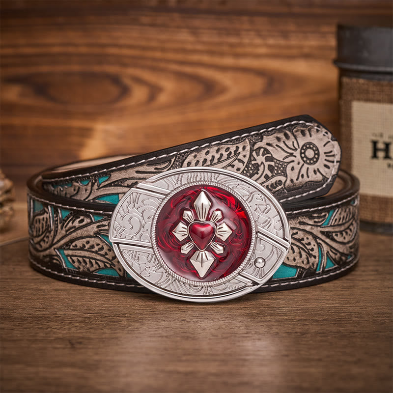 Gothic Crimson Heart DIY Hidden Folding Knife Buckle Leather Belt - Crimson Heart - Gray Floral Belt - 42 - image 8