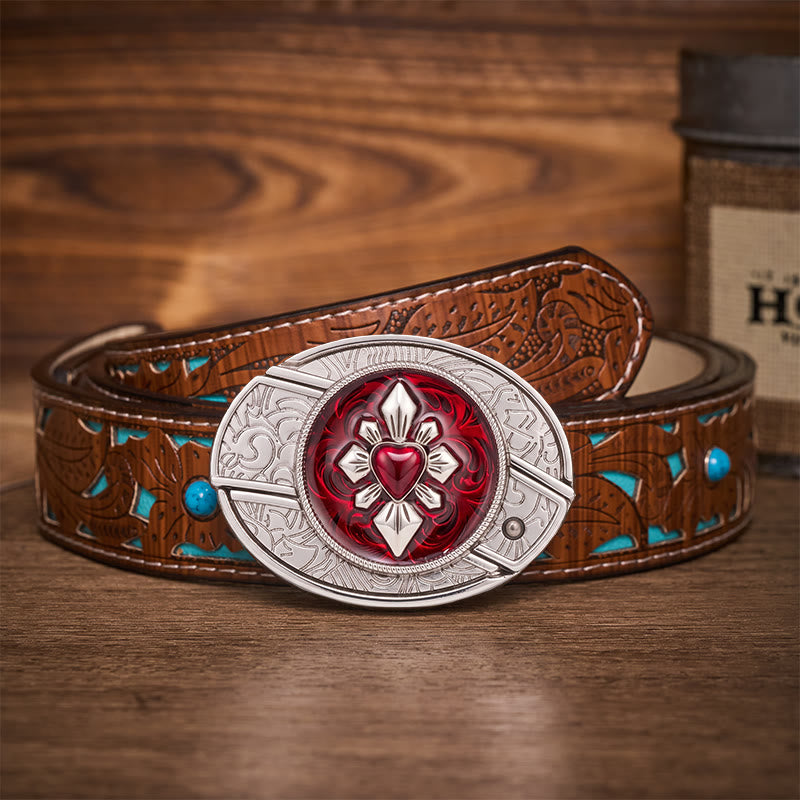 Gothic Crimson Heart DIY Hidden Folding Knife Buckle Leather Belt - Crimson Heart - Turquoise Carved Belt - 42 - image 3