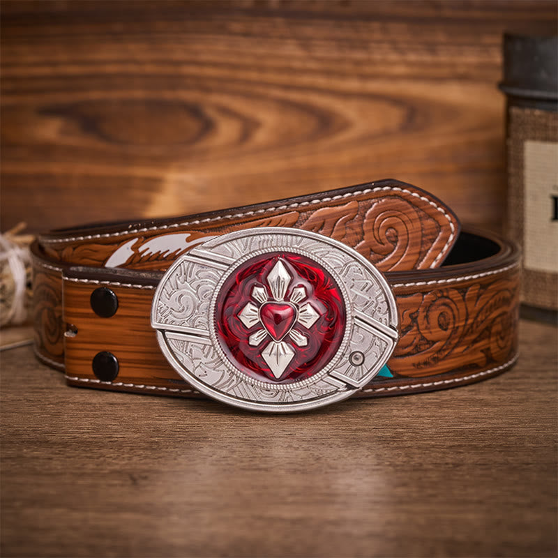 Gothic Crimson Heart DIY Hidden Folding Knife Buckle Leather Belt - Crimson Heart - Brown Feather Belt - 40 - image 7