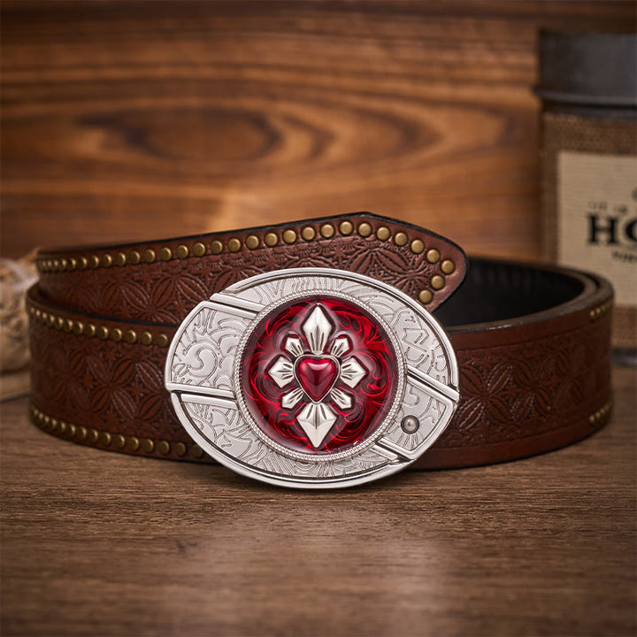 Gothic Crimson Heart DIY Hidden Folding Knife Buckle Leather Belt - Crimson Heart - Brown Rivet Belt - 42 - image 4