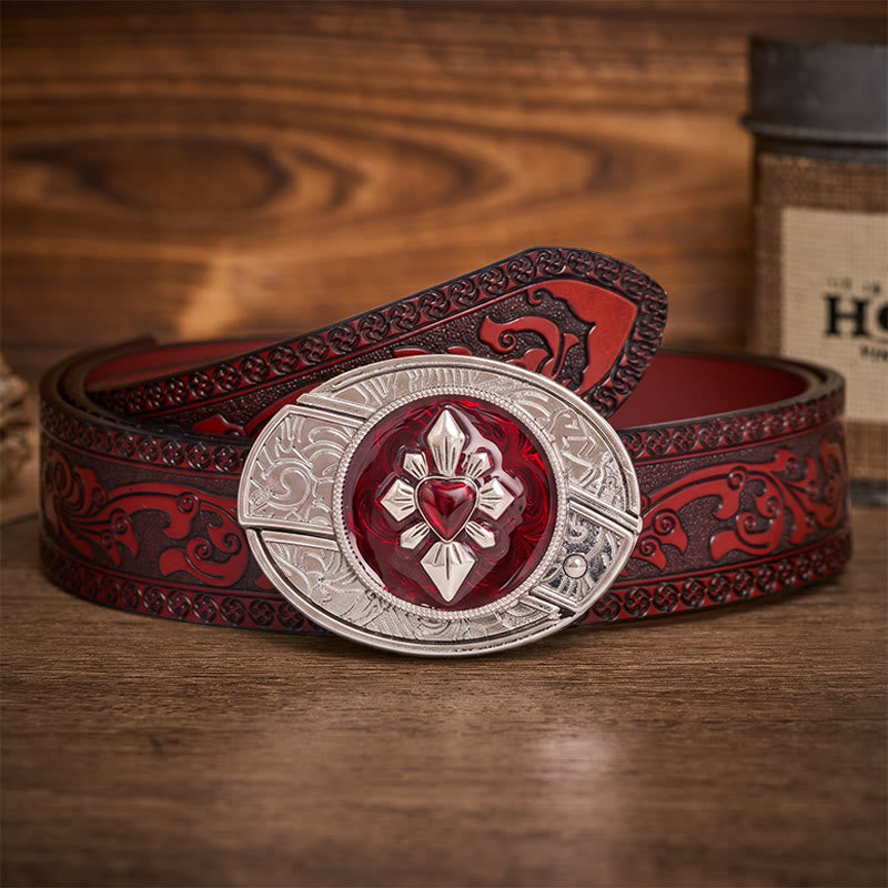 Gothic Crimson Heart DIY Hidden Folding Knife Buckle Leather Belt - Crimson Heart - Brown Carved Belt - 42 - image 6