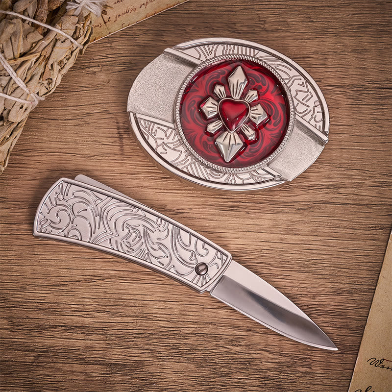 Gothic Crimson Heart DIY Hidden Folding Knife Buckle Leather Belt - image 1