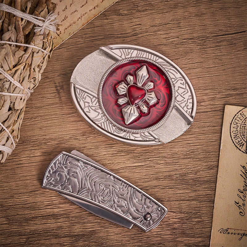Gothic Crimson Heart DIY Hidden Folding Knife Buckle Leather Belt - image 10