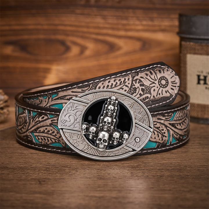 Dark Luxury Skull Cross DIY Hidden Folding Knife Buckle Leather Belt - Skull Cross - Gray Floral Belt - 42 - image 8