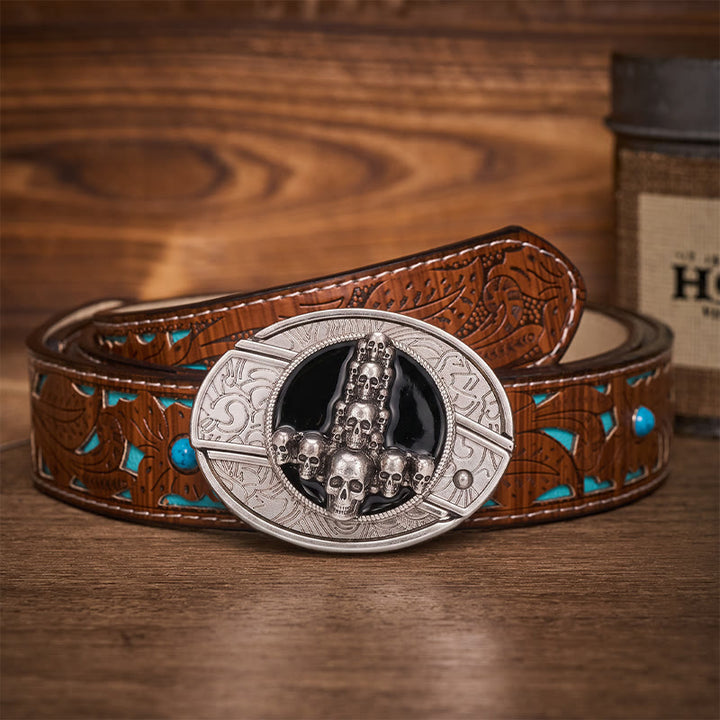 Dark Luxury Skull Cross DIY Hidden Folding Knife Buckle Leather Belt - Skull Cross - Turquoise Carved Belt - 42 - image 3