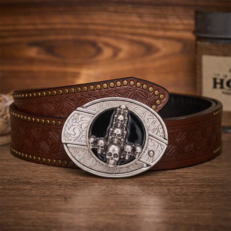Dark Luxury Skull Cross DIY Hidden Folding Knife Buckle Leather Belt - Skull Cross - Brown Rivet Belt - 42 - image 4