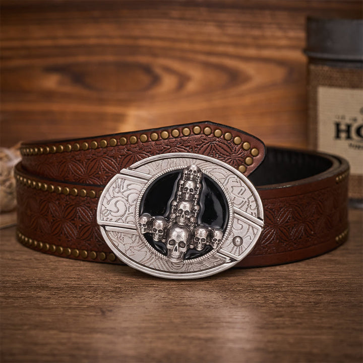 Dark Luxury Skull Cross DIY Hidden Folding Knife Buckle Leather Belt - Skull Cross - Brown Rivet Belt - 42 - image 4