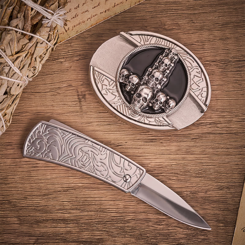 Dark Luxury Skull Cross DIY Hidden Folding Knife Buckle Leather Belt - image 1