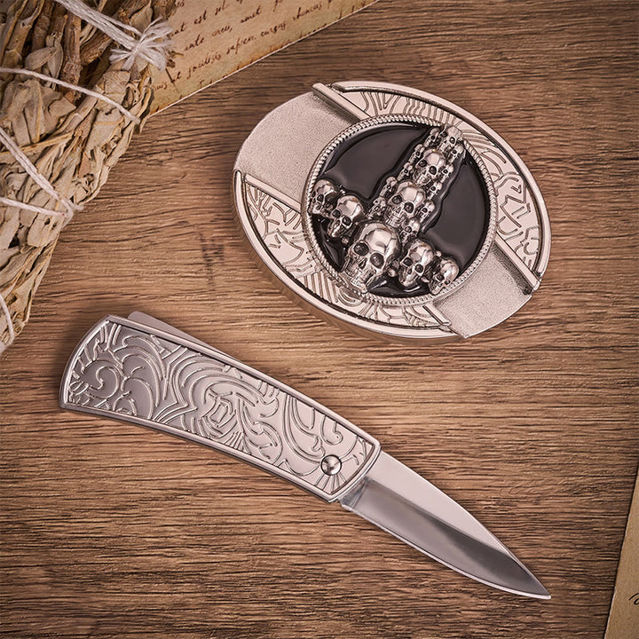 Dark Luxury Skull Cross DIY Hidden Folding Knife Buckle Leather Belt - image 1