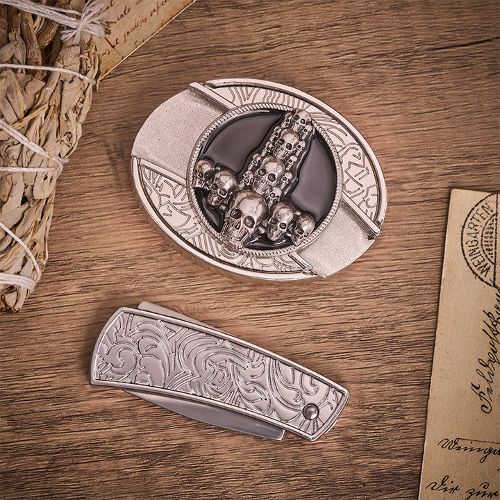 Dark Luxury Skull Cross DIY Hidden Folding Knife Buckle Leather Belt - image 10