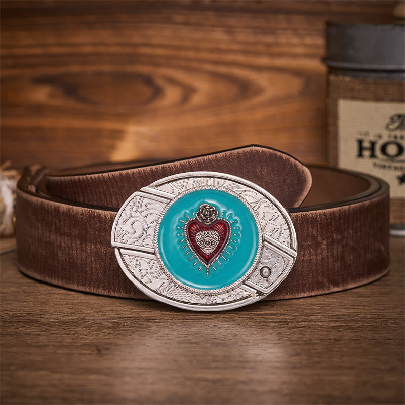 Rose & Evil Eye Turquoise Enamel Hidden Folding Knife Buckle Leather Belt - Turquoise Evil Eye - Brown Distressed Belt - 42 - image 5