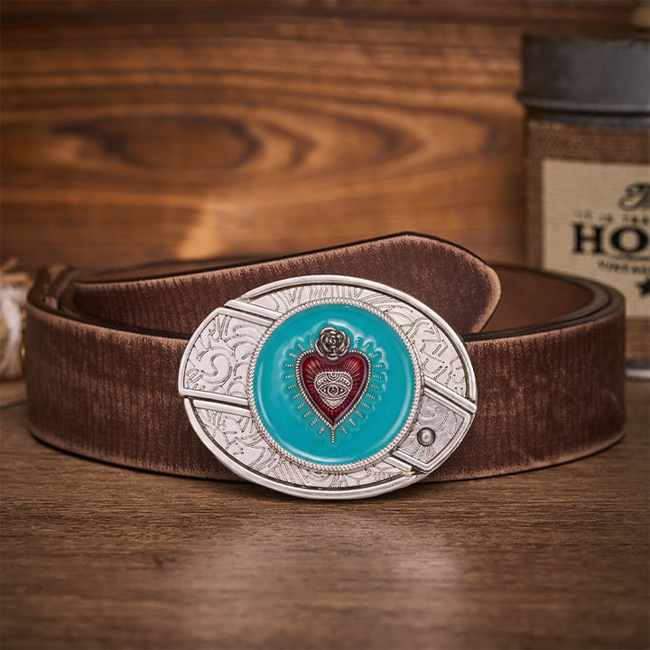 Rose & Evil Eye Turquoise Enamel Hidden Folding Knife Buckle Leather Belt - Turquoise Evil Eye - Brown Distressed Belt - 42 - image 5