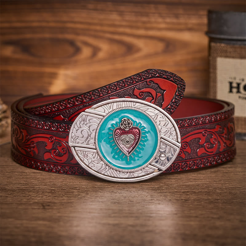 Rose & Evil Eye Turquoise Enamel Hidden Folding Knife Buckle Leather Belt - Turquoise Evil Eye - Brown Carved Belt - 42 - image 6