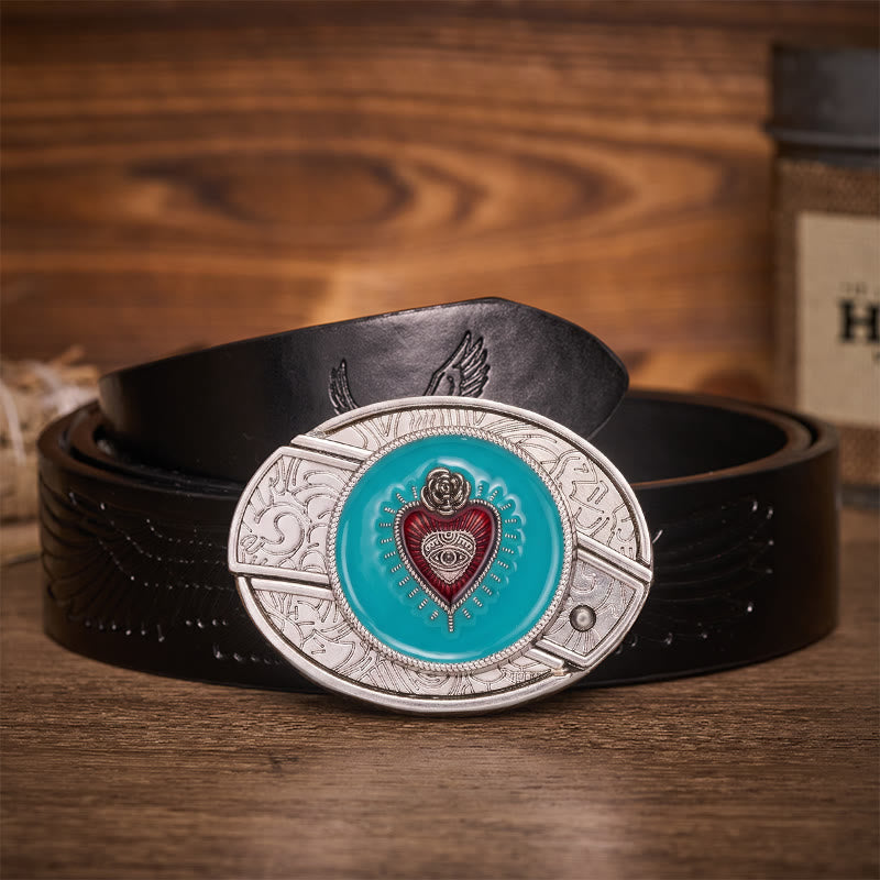 Rose & Evil Eye Turquoise Enamel Hidden Folding Knife Buckle Leather Belt - Turquoise Evil Eye - Black Embossed Eagle Belt - 42 - image 2